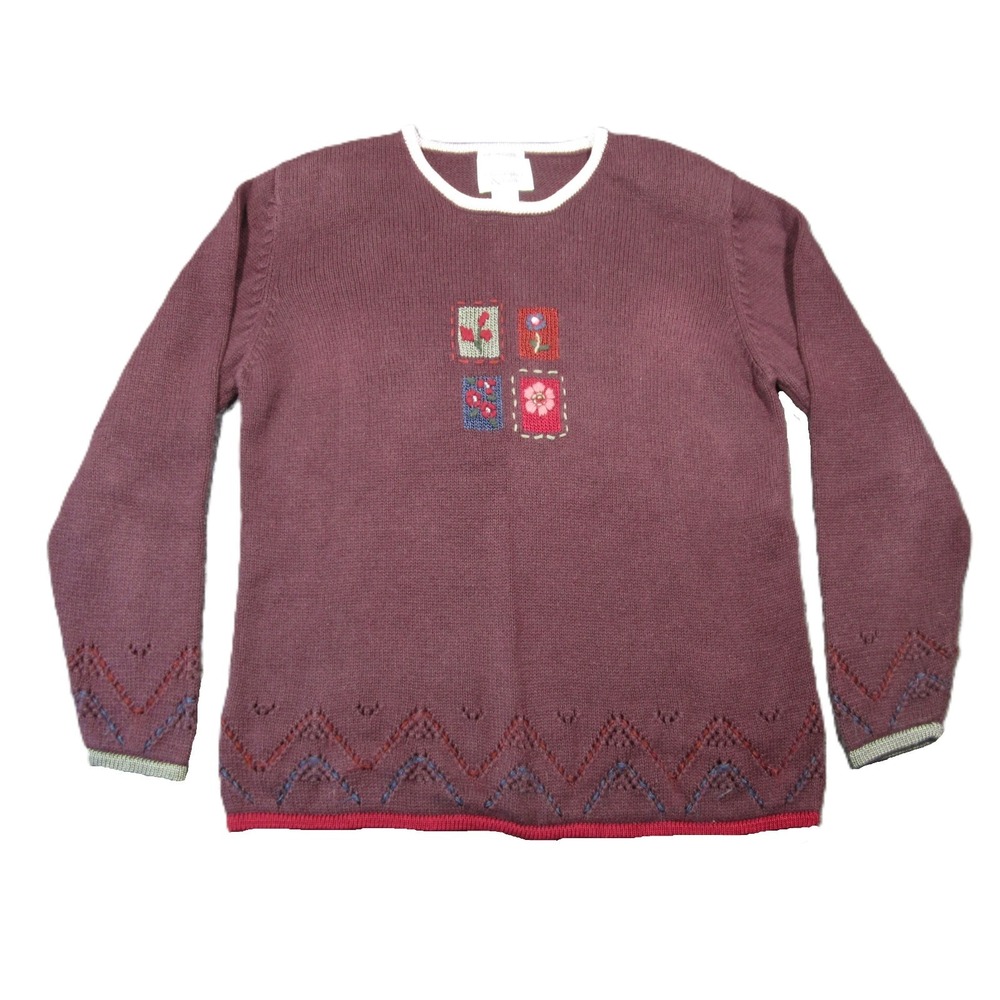 VTG Christopher & Banks Sweater S Maroon Hand Embroidered Grandma Granny Cottage